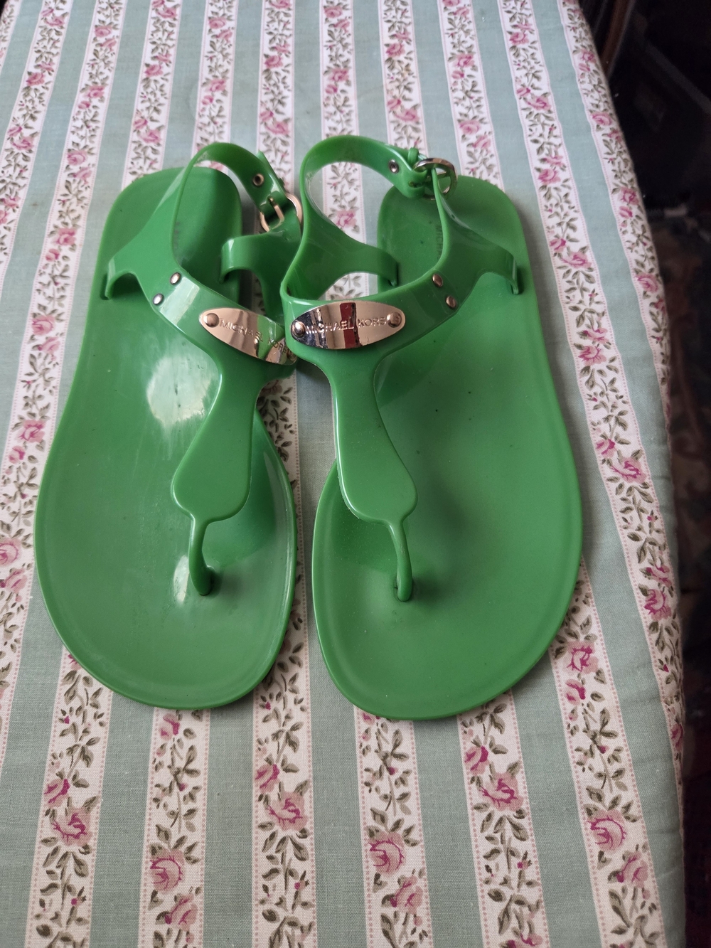 Michael Kors Bright Green Jelly T-Strap Sandals with Gold Plaque